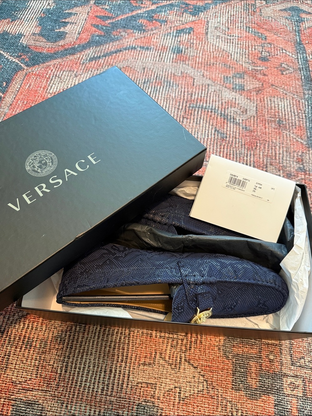 Versace Quilted Navy Slip-On Loafers with Gold Medusa Accent